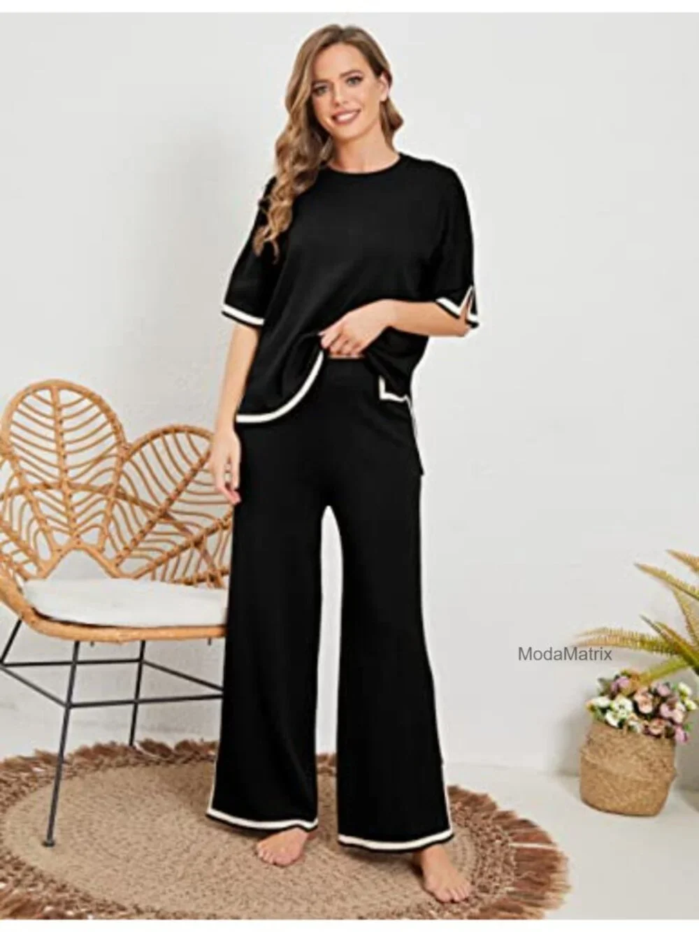 Knit 2 Piece Sweater Set Lounge Set Short Sleeve Pullover Wide Leg Pants